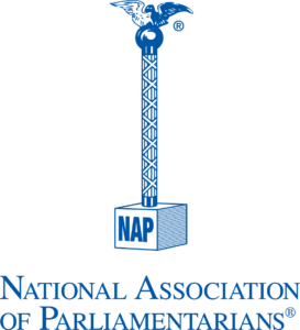 NAP logo mace with eagle on top and two lines of text on bottom "National Association of Parliamentarians"