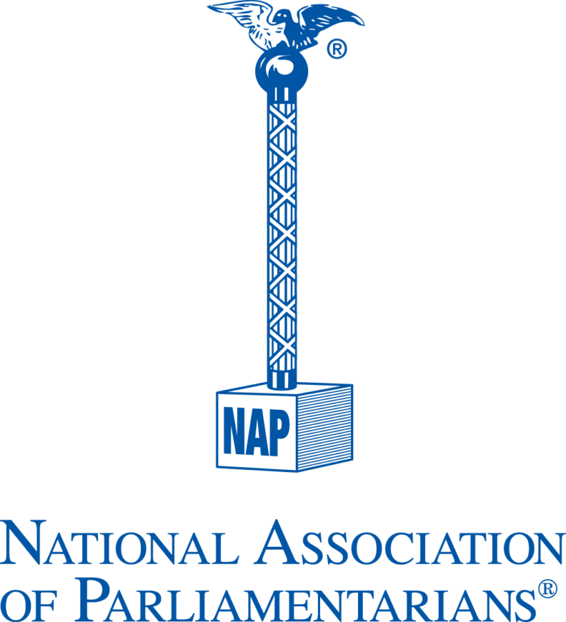 NAP logo mace with eagle on top and two lines of text on bottom "National Association of Parliamentarians"